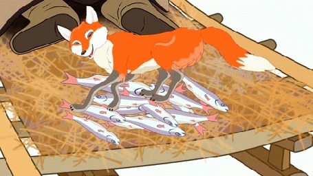 Анимация Лиса сбрасывает рыбу с саней. Мультик Лисичка сестричка и серый волк