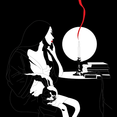 Анимация Девушка гладит череп, стоящей у нее на коленях, и смотрит на горящую свечу, гифка Девушка гладит череп, стоящей у нее на коленях, и смотрит на горящую свечу