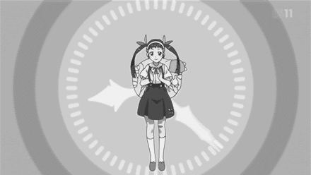 Анимация Mayoi Hachikuji / Маей Хатикудзи из аниме Bakemonogatari / Истории монстров показывает руками часы, гифка Mayoi Hachikuji / Маей Хатикудзи из аниме Bakemonogatari / Истории монстров показывает руками часы