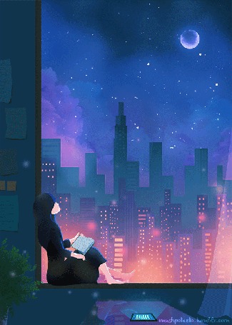 Анимация Девушка с книгой сидит на подоконнике окна, мечтая о парне, by mushpotaeto