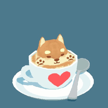 Анимация Щенок породы сиба-ину в чашке с кофе