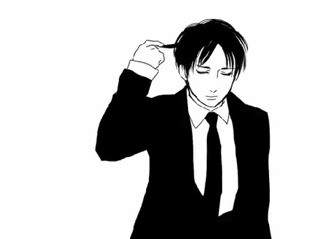 Анимация Eren Yeager / Эрен Йегер из аниме Shingeki no Kyojin / Вторжение гигантов, в смокинге, накручивает прядь своих волос на палец