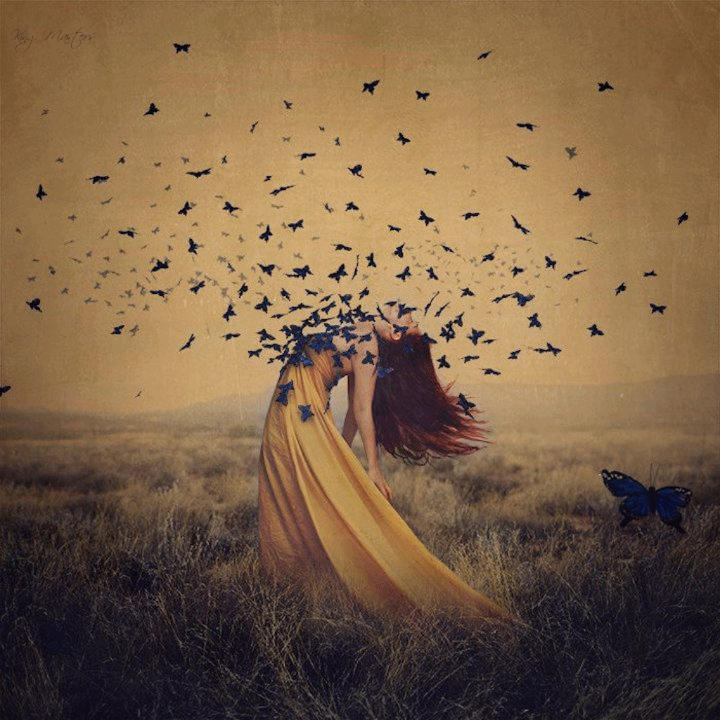 Анимация Девушка в окружении бабочек, bу Brooke Shaden, гифка Девушка в окружении бабочек, bу Brooke Shaden