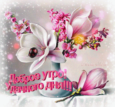 Гиф анимация Букет нежно - розовых цветов в белой фарфоровой вазе, по  цветкам ползает игривая букашка, (Доброе утро! Удачного дня! ) , автор  Alena Sunshine, страница