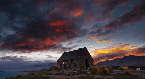 Анимация Церковь в Новой Зеландии на фоне красивого неба, автор ORBO, гифка Церковь в Новой Зеландии на фоне красивого неба, автор ORBO