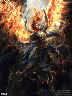 Анимация Девушка-ангел, демон или просто волшебница с огненными крыльями пытается вырваться на свободу из рук озверевшей до неузнаваемости толпы, автор Laura Sava / оригинальное название Zariels Doom, гифка