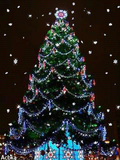 Анимация Новогодняя елка ночью под хлопьями пушистого снега, гифка Новогодняя елка ночью под хлопьями пушистого снега