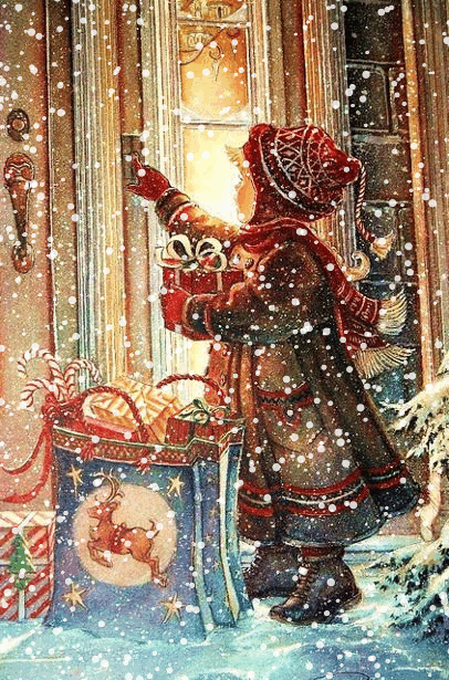 Анимация Девочка под снегом звонит в чью-то дверь, рядом с ней сумка и коробки с подарками, гифка Девочка под снегом звонит в чью-то дверь, рядом с ней сумка и коробки с подарками