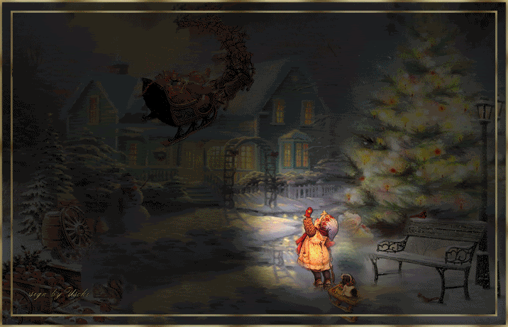 Анимация Новогодний пейзаж с Дедом Морозом, который в санях летит по небу, вспыхивает огнями, девочка смотрит на Деда Мороза, гифка