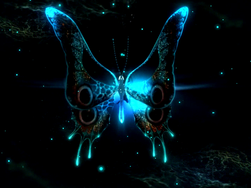 Анимация Порхающая голубая и неоновая бабочка на черном фоне, гифка Порхающая голубая и неоновая бабочка на черном фоне