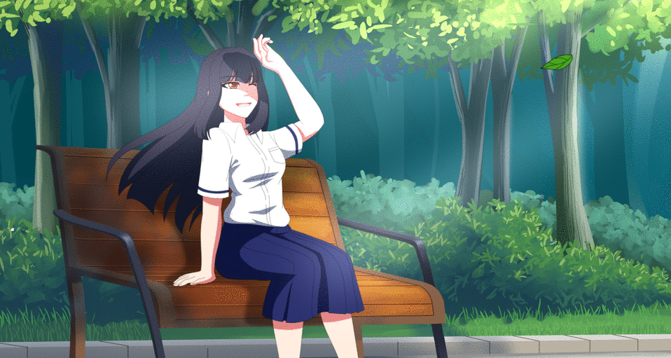 Анимация Девушка сидит на скамейке в парке, гифка Девушка сидит на скамейке в парке