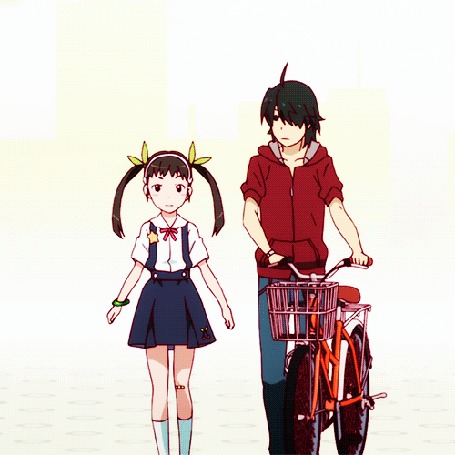 Анимация Mayoi Hachikuji / Маей Хатикудзи и Koyomi Araragi / Коеми Арараги из аниме Bakemonogatari / Истории монстров