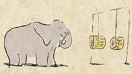 Анимация Слоненок - музыкант играет на разных музыкальных инструментах: барабанах, ксилофоне и арфе
