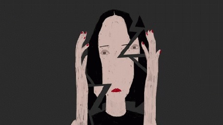 Анимация Девушка распадается на кусочки и поправляет свое лицо
