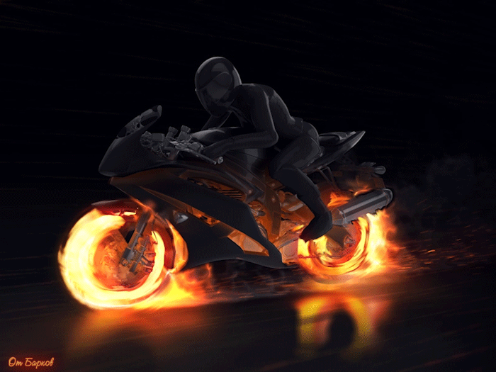 Анимация Огненный мотоциклист мчится по ночной дороге, автор Barkov, гифка Огненный мотоциклист мчится по ночной дороге, автор Barkov