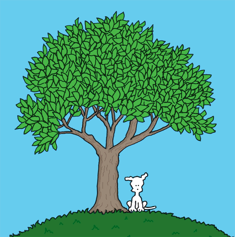 Анимация Щенок сидит под зеленым деревом, которое быстро желтеет, гифка Щенок сидит под зеленым деревом, которое быстро желтеет