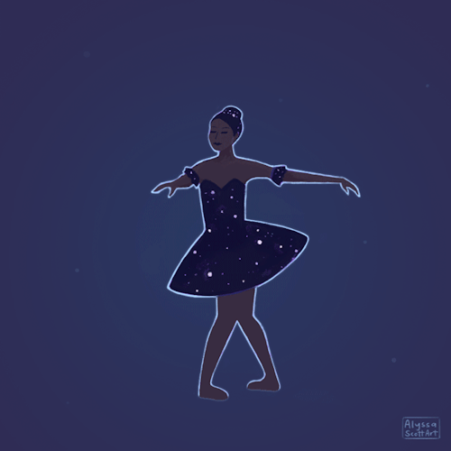 Анимация В костюме балерины отображается ночное звездное небо, art by Alyssa Scott, гифка В костюме балерины отображается ночное звездное небо, art by Alyssa Scott
