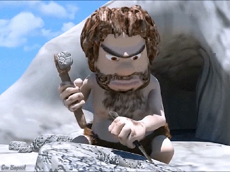 Анимация Пещерный человек занят работой у входа в жилище