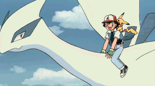 Анимация Мальчик на птице летит среди птиц в небе, аниме Pokemon 2000, гифка Мальчик на птице летит среди птиц в небе, аниме Pokemon 2000