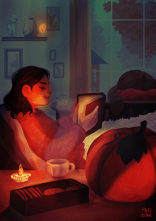Анимация Девушка читает книгу, лежа в кровати, гифка Девушка читает книгу, лежа в кровати