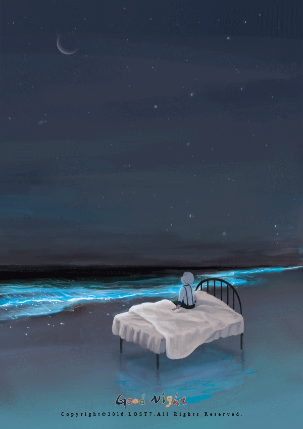 Анимация Мальчик сидит на кровати, стоящей на морском берегу ночью, гифка Мальчик сидит на кровати, стоящей на морском берегу ночью