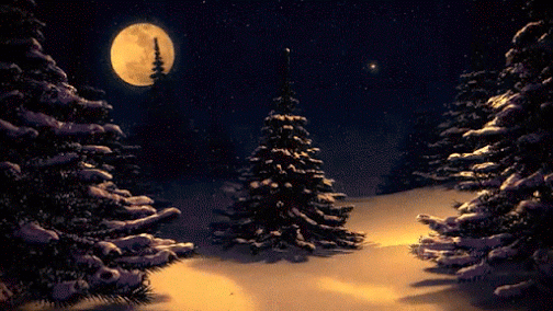 Анимация Зимний новогодний лес с сияющей елкой, гифка