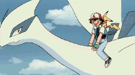 Анимация Мальчик на птице летит среди птиц в небе, аниме Pokemon 2000