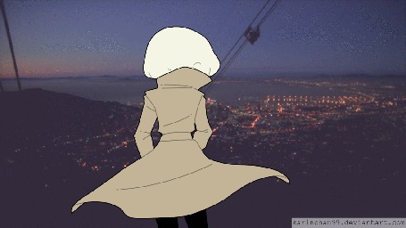Аанимации Белокурая девушка в плаще на фоне города, by MisaKarin