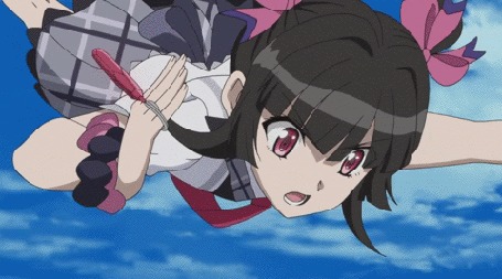 Анимация Ширабэ Цукуеми / Shirabe Tsukuyomi из аниме Песня боевых принцесс / Senki Zesshou Symphogear поет песню летая в небе