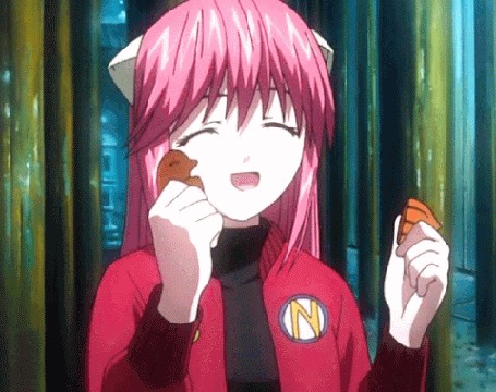 Анимация Люси / Lucy из аниме Эльфийская песня / Elfen Lied с печеньем в руках