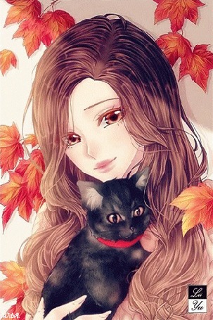 Аанимации На фоне солнечного света и осенних листьев, юная девушка со светло-коричневыми волосами, держит на руках своего любимого питомца, черного кота, одетого в красный ошейник, исходник от автора LiiYuArt