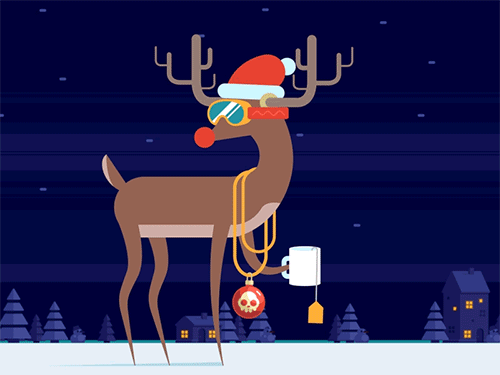 Анимация Олень в новогодней шапочке и темных очках пьет горячий чай на фоне елок и домика, гифка Олень в новогодней шапочке и темных очках пьет горячий чай на фоне елок и домика