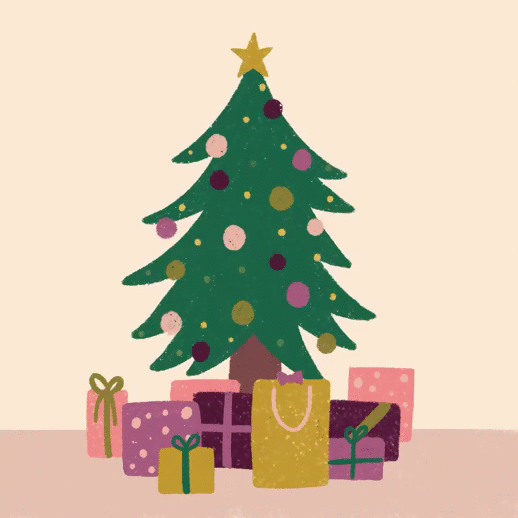 Анимация Кошка с бантиком выглядывает из подарочного пакета под новогодней елкой, by forage and spruce, гифка Кошка с бантиком выглядывает из подарочного пакета под новогодней елкой, by forage and spruce
