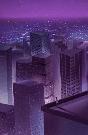 Анимация Парень стоит на крыше дома на фоне небоскребов, by lost7