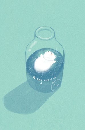 Аанимации Белый мишка лежит в воде под дождем внутри стеклянной банки