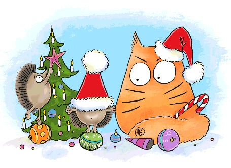 Аанимации Рыжий кот в новогодней шапочке и два ежика наряжают елку