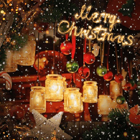 Аанимации Снег пролетает над новогодними игрушками и лампочками в форме баночек (Merry Christmas / Счастливого Рождества)