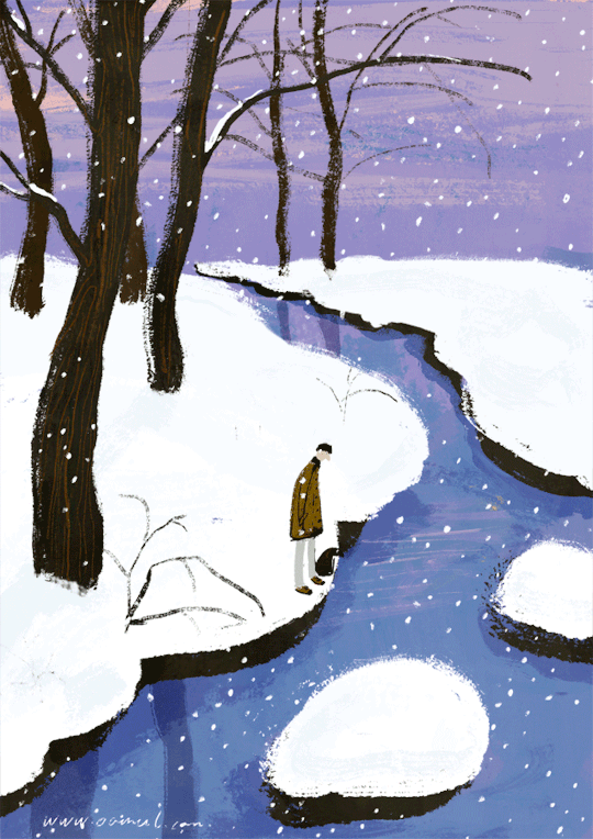 Анимация Парень стоит у реки под снегопадом, by Oamul Lu, гифка Парень стоит у реки под снегопадом, by Oamul Lu