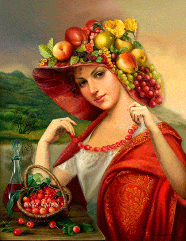 Анимация Девушка в фруктовой шляпке с красными бусами, гифка Девушка в фруктовой шляпке с красными бусами