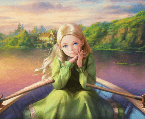 Анимация Marnie / Марни, сидя в лодке посреди пруда, пристально смотрит вперед, за ее спиной виден зеленый холм и старый особняк, персонаж из аниме Omoide no Marnie / Воспоминания Марни, art by Nababa, гифка Marnie / Марни, сидя в лодке посреди пруда, пристально смотрит вперед, за ее спиной виден зеленый холм и старый особняк, персонаж из аниме Omoide no Marnie / Воспоминания Марни, art by Nababa
