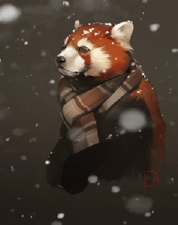 Анимация Красная панда в шарфе под падающим снегом, by GaudiBuendia
