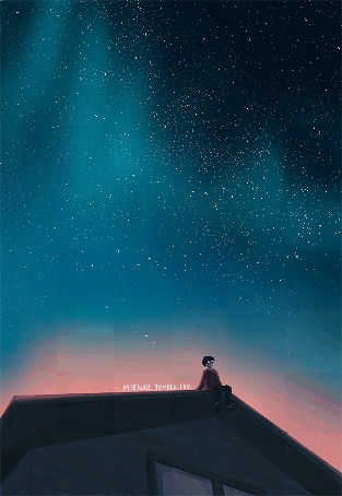Анимация Мальчик сидит на крыше на фоне ночного звездного неба, by mienar