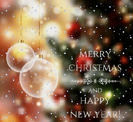 Анимация Новогодние шары на размытом фоне с елкой и надпись Merry Christmas and Happy New Year / Счастливого Нового Года и Рождества под снегопадом