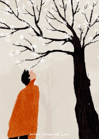 Анимация Парень в оранжевом свитере стоит у дерева под снегопадом, by Oamul Lu