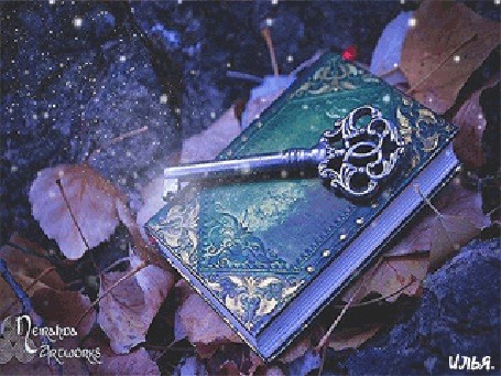 Анимация Книга и приложенный к ней ключ лежат под снегопадом на опавших и засохших осенних листьях, где-то примерно в период поздней осени или ранней зимы