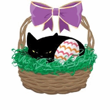 Анимация Моргающий черный кот с крашеным яйцом в пасхальной корзинке