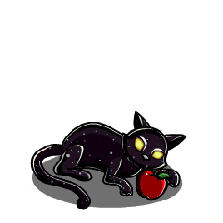 Анимация Желтоглазый черный кот, на котором сверкают звезды, играет с красным яблоком, by Z-studios