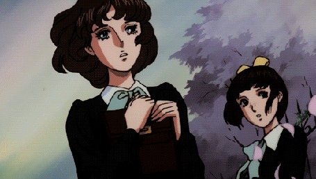 Анимация Нанако Мисоно / Nanako Misonoo и Томоко Арикура / Tomoko Arikura стоят на тротуаре у ограды, глядя вслед уходящей Рэй Асака / Rei Asaka, под падающими лепестками сакуры, кадры из аниме Уважаемый старший брат / Oniisama e