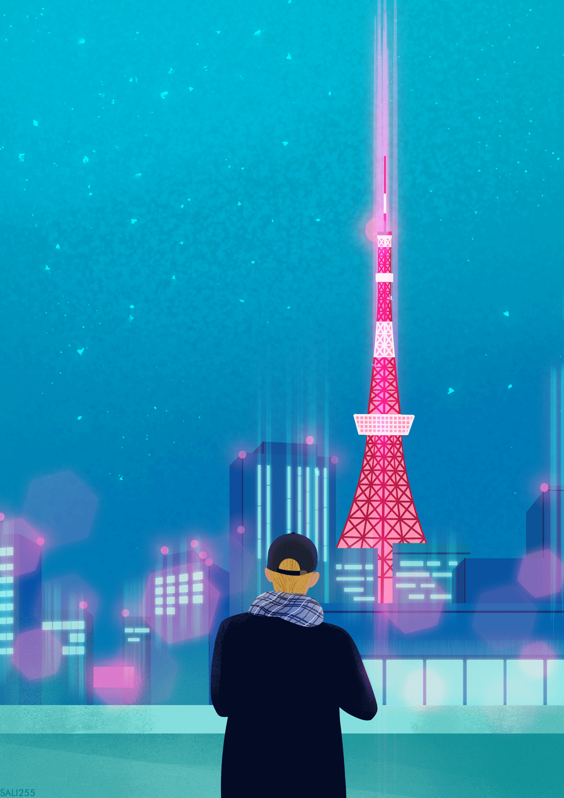 Анимация Парень стоит на фоне города в бликах, гифка Парень стоит на фоне города в бликах