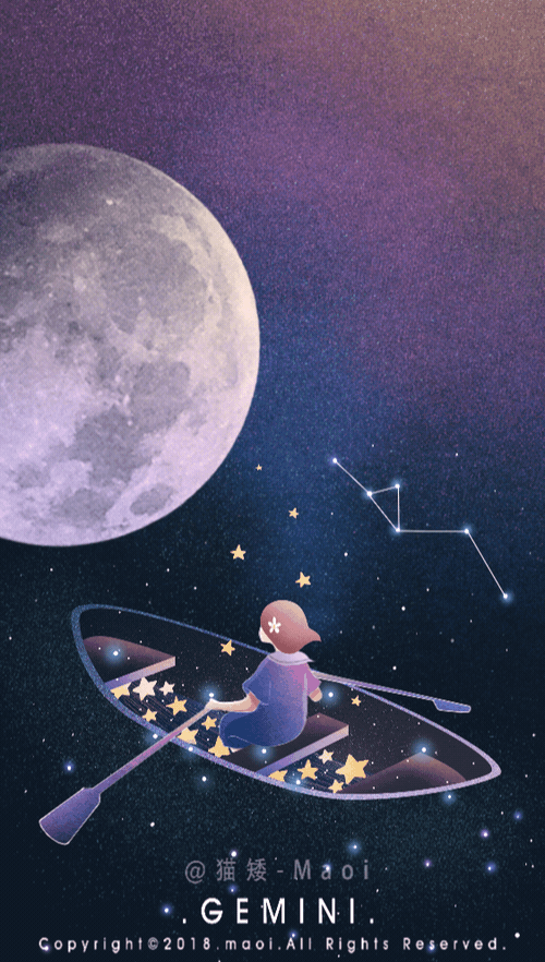 Анимация Девочка в лодке перед вращающейся луной в небе, by Gemini, гифка Девочка в лодке перед вращающейся луной в небе, by Gemini